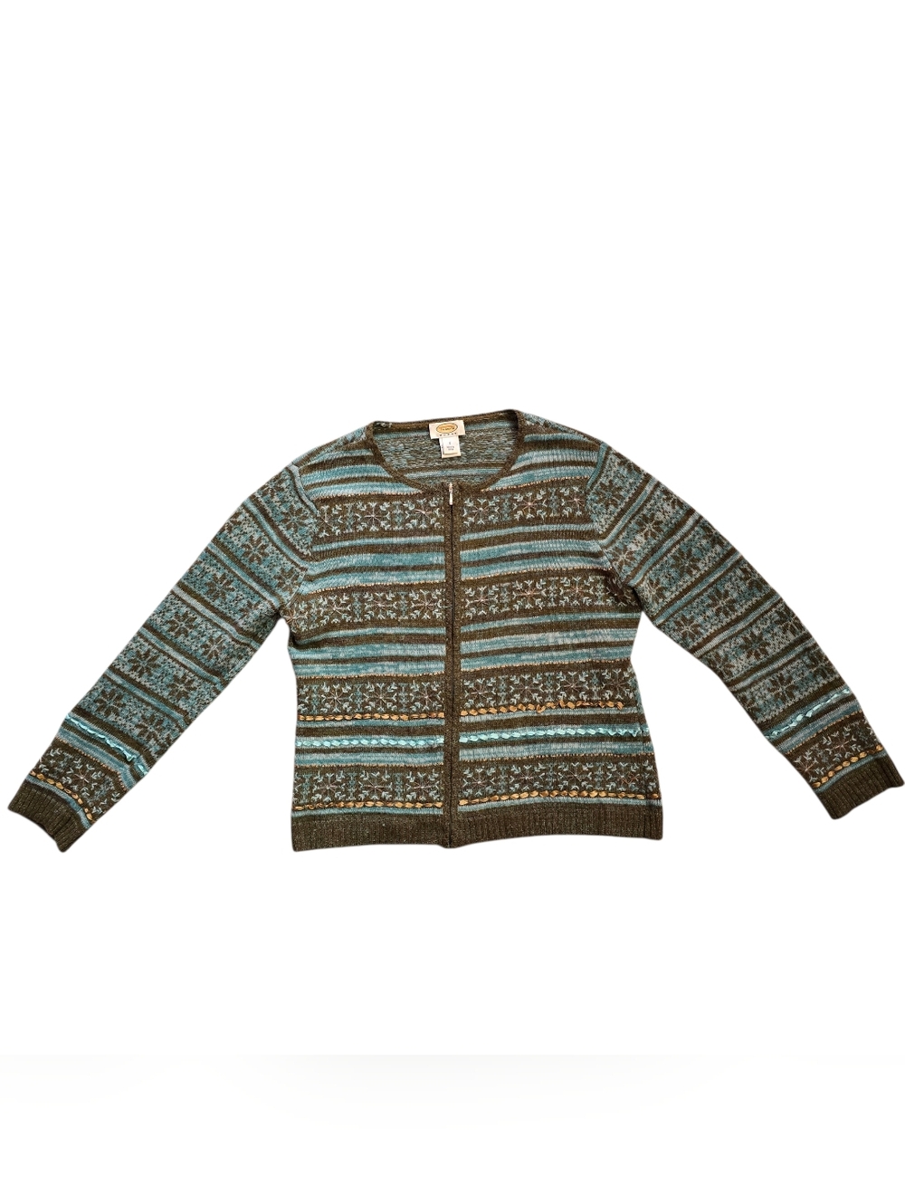 Talbots Lambswool Brown & Blue Fair Isle Zip-Front Embellished Cardigan Plus X